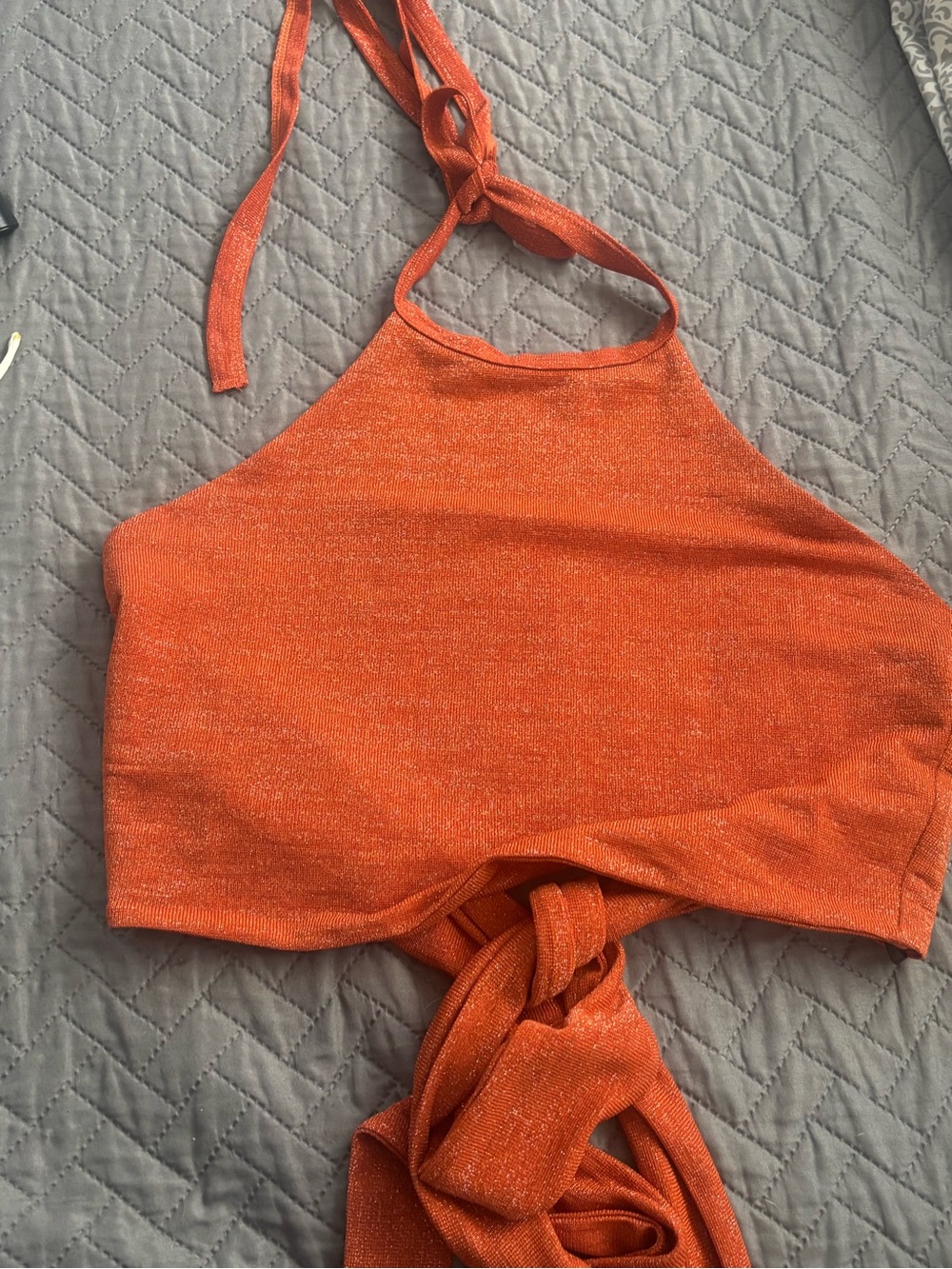 Orange Halter Crop Top - Women's Shimmery Tie-Back